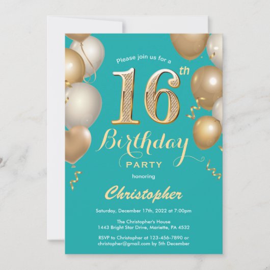 Invitation 16e anniversaire Turquoise et or Balloons Confetti (Devant)
