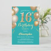 Invitation 16e anniversaire Turquoise et or Balloons Confetti (Debout devant)