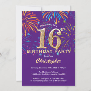 Invitation 16e anniversaire violet et or arc-en-ciel feux