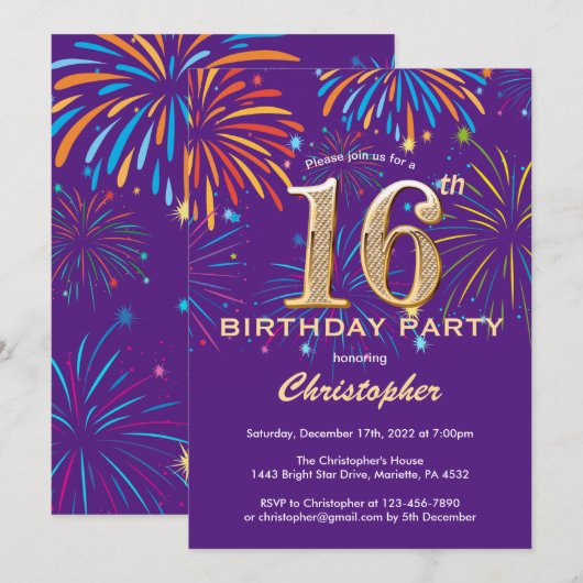 Invitation 16e anniversaire violet et or arc-en-ciel feux (Devant / Derrière)