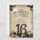 Invitation 16e Ballons Black Gold Anniversaire (Devant)