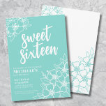 Invitation 16e Fête d'anniversaire aux fleurs modernes pour u<br><div class="desc">Carton d'invitation pour une fête d'anniversaire Sweet Sixteen turquoise florale 16 ans. Une invitation de fête d'anniversaire 16 ans amusante mais élégante avec des contours de fleurs turquoise vif ou bleu sarcelle et blanc. Un motif floral ludique encadre une typographie script "sweet sixteen" mélangée à une police serif plus classique....</div>