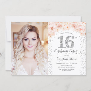 Invitation 16e fête d'anniversaire avec photo - Argent rose b