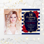Invitation 16e fête d'anniversaire avec photo - Marine Gold R<br><div class="desc">16e anniversaire invitation de fête avec votre photo. Caractéristiques marine rayures blanches,  police de script,  roses rouges et confetti. Design royal bleu blanc rouge avec faux or parties scintillant. Parfait pour une fête élégante de l'anniversaire sweet sixteen.</div>