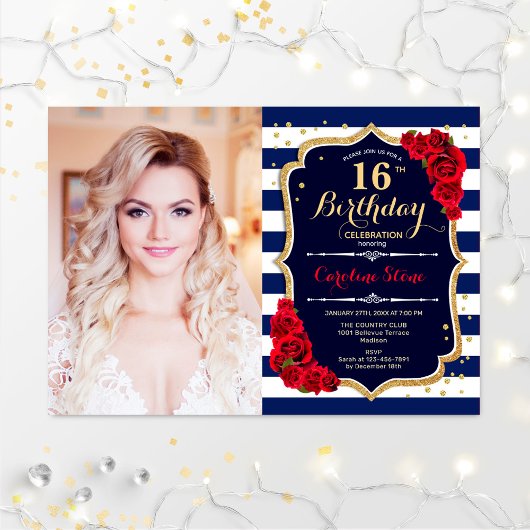 Invitation 16e fête d'anniversaire avec photo - Marine Gold R