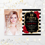 Invitation 16e fête d'anniversaire avec photo - Red Gold Blac<br><div class="desc">16e anniversaire invitation de fête avec votre photo. Caractéristiques noir blanc rayures,  police de script,  roses rouges et confetti. Design noir blanc rouge élégant avec de l'or de parties scintillant faux. Parfait pour une élégante célébration de seize anniversaires.</div>