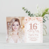 Invitation 16e fête d'anniversaire avec photo - Rose Gold Flo (Debout devant)