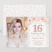 Invitation 16e fête d'anniversaire avec photo - Rose Gold Flo (Devant / Derrière)