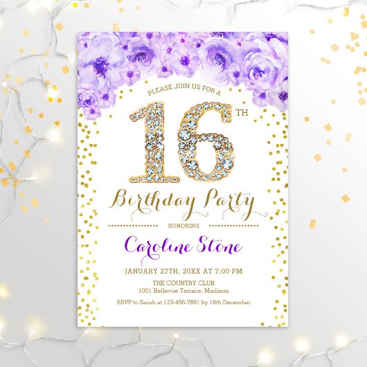 Invitation 16e fête d'anniversaire - Blanc or violet