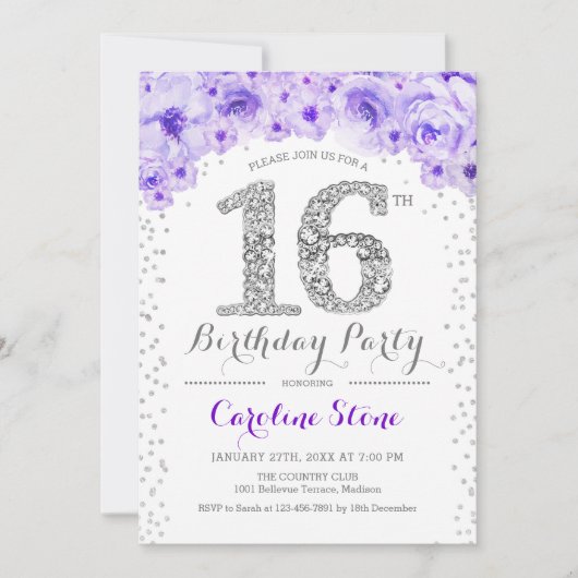 Invitation 16e fête d'anniversaire - Blanc Silver violet (Devant)