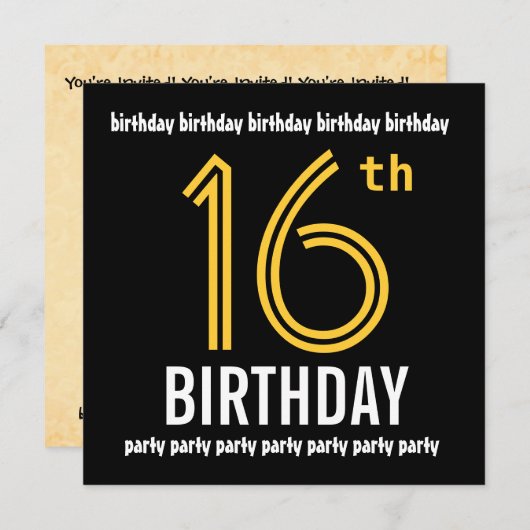 Invitation 16e fête d'anniversaire Gold moderne et Noir (Devant / Derrière)