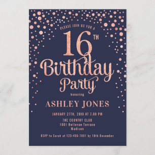 Invitation 16e fête d'anniversaire - Marine & Rose Gold