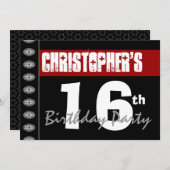 Invitation 16e fête d'anniversaire moderne rouge noir et blan (Devant / Derrière)