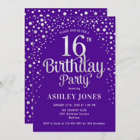Invitation 16e fête d'anniversaire - Purple & Silver (Devant / Derrière)