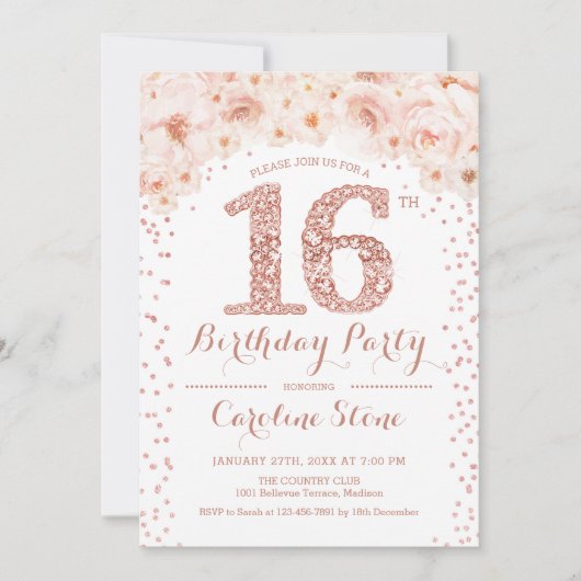 Invitation 16e fête d'anniversaire - Rose blanche or (Devant)