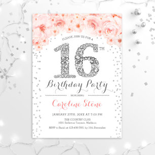 Invitation 16e fête d'anniversaire - Rose d'argent blanc