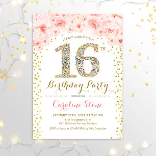 Invitation 16e fête d'anniversaire - Rose or blanc