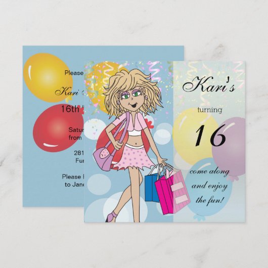 Invitation 16e Fille Anniversaire (Devant / Derrière)