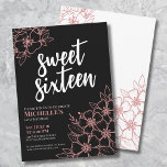 Invitation 16e Rose Gold Floral Sweet sixteen fête d'annivers<br><div class="desc">Invitation à la fête d'anniversaire du 16e Rose Gold Floral Sweet sixteen. Une invitation amusante mais élégante à la fête de 16ème anniversaire avec cirque rose rose rose or et silhouettes de fleurs blanches. Veuillez noter que l'"or rose" n'est qu'une couleur, il n'y a ni feuille ni éclat. Un motif...</div>