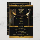 Invitation 16ème, Anniversaire 16ème, Style Gatsby, noir & or (Devant / Derrière)