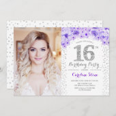 Invitation 16ème Anniversaire Avec Photo - Silver Purple (Devant / Derrière)