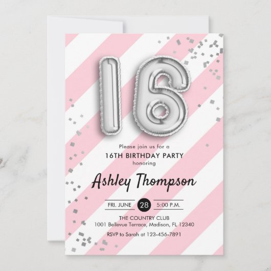 Invitation 16ème anniversaire - Ballons roses et Ballons d'ar (Devant)