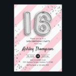 Invitation 16ème anniversaire - Ballons roses et Ballons d'ar<br><div class="desc">Bonne invitation à la fête du 16ème anniversaire. Design élégant en argent faux parties scintillant avec rayures rose et blanc. Carte Invitation avec le numéro d'argent 16 ballons,  police de script avec confetti. Parfait pour une fête sweet sixteen anniversaire élégante. Message-moi si vous avez besoin d'âge personnalisé.</div>