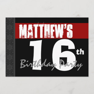 Invitation 16ème Le blanc noir rouge moderne d'anniversaire