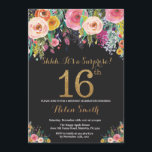 Invitation 16ème or d'invitation d'anniversaire de surprise<br><div class="desc">16ème invitation d'anniversaire de surprise florale pour des femmes. Fleur florale d'aquarelle. Noir et parties scintillantes d'or. Fleur rose, jaune, orange, pourpre. Anniversaire de enfant. Pour Madame Teen Teenage de fille. Pour davantage de personnalisation, cliquez sur svp la "personnaliser il" bouton et utilisez notre outil de conception pour modifier ce...</div>