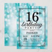 Invitation 16ème Parties scintillantes turquoises (Devant / Derrière)
