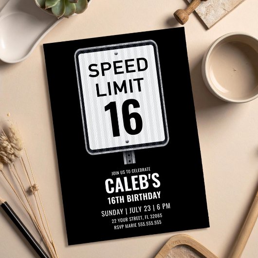 Invitation 16th Birthday Speed Limit Black and White Sign