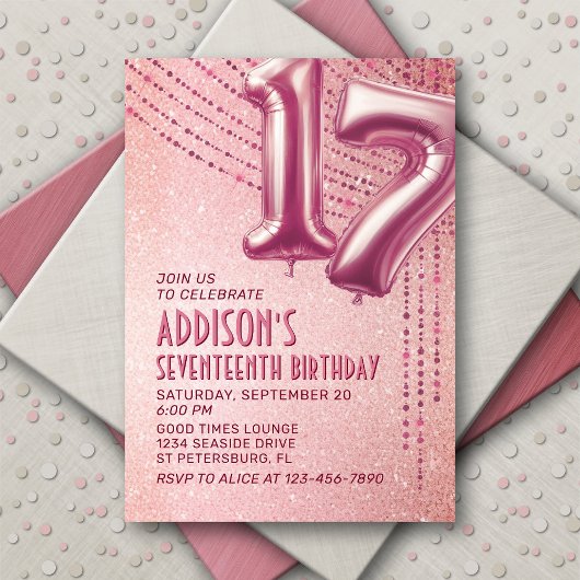 Invitation 17e anniversaire Ado fille Rose or