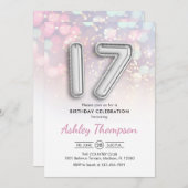 Invitation 17e anniversaire - Ballons d'argent Lumières rose (Devant / Derrière)