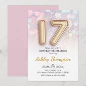 Invitation 17e anniversaire - Ballons d'or Lumières roses (Devant / Derrière)