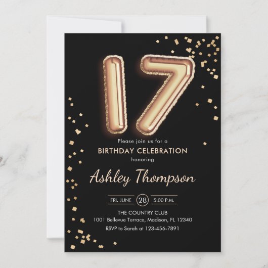 Invitation 17e anniversaire - Ballons d'or Noir (Devant)