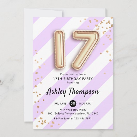 Invitation 17e anniversaire - Ballons violets et Ballons d'or (Devant)