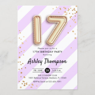 Invitation 17e anniversaire - Ballons violets et ballons d'or