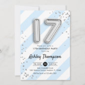 Invitation 17e anniversaire - Bleu et Ballons d'argent (Devant)