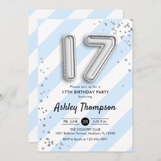 Invitation 17e anniversaire - Bleu et Ballons d'argent (Devant / Derrière)