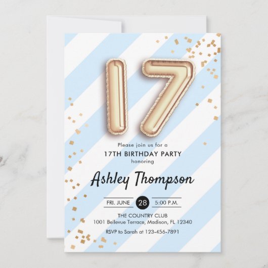 Invitation 17e anniversaire - Bleu et Ballons d'or (Devant)