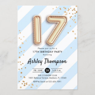 Invitation 17e anniversaire - Bleues et ballons d'or