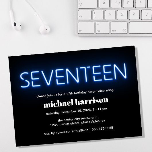 Invitation 17e anniversaire Blue Neon Lights Party