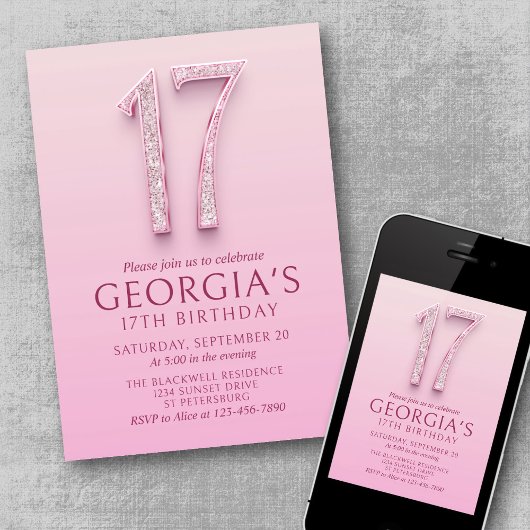 Invitation 17e anniversaire Diamants roses