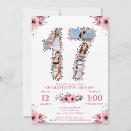 Invitation 17e anniversaire fille photo Collage rose Fleur bl (Devant)