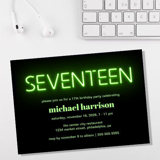 Invitation 17e anniversaire Green Neon Lights Party