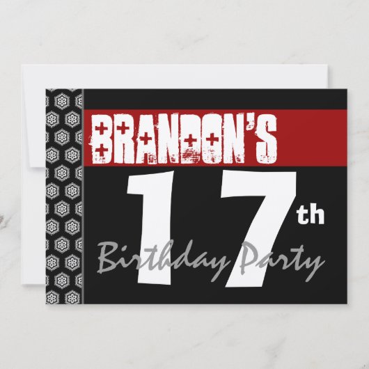 Invitation 17e anniversaire Moderne pour lui Rouge Blanc Noir (Devant)