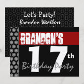 Invitation 17e anniversaire Moderne pour lui Rouge Blanc Noir (Devant / Derrière)