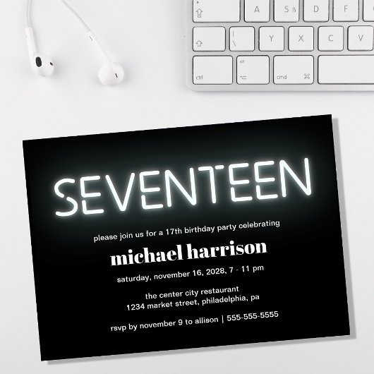 Invitation 17e anniversaire White Neon Lights Party