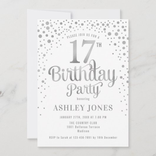 Invitation 17e fête d'anniversaire - Blanc & Argent (Devant)