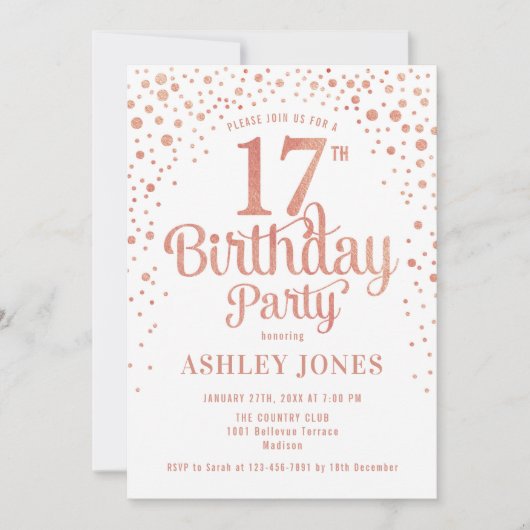 Invitation 17e fête d'anniversaire - Blanc & Rose Gold (Devant)